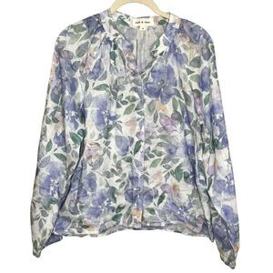 cloth & stone Blouse Womens Small Purple Floral Linen Split Neck Long Sleeve